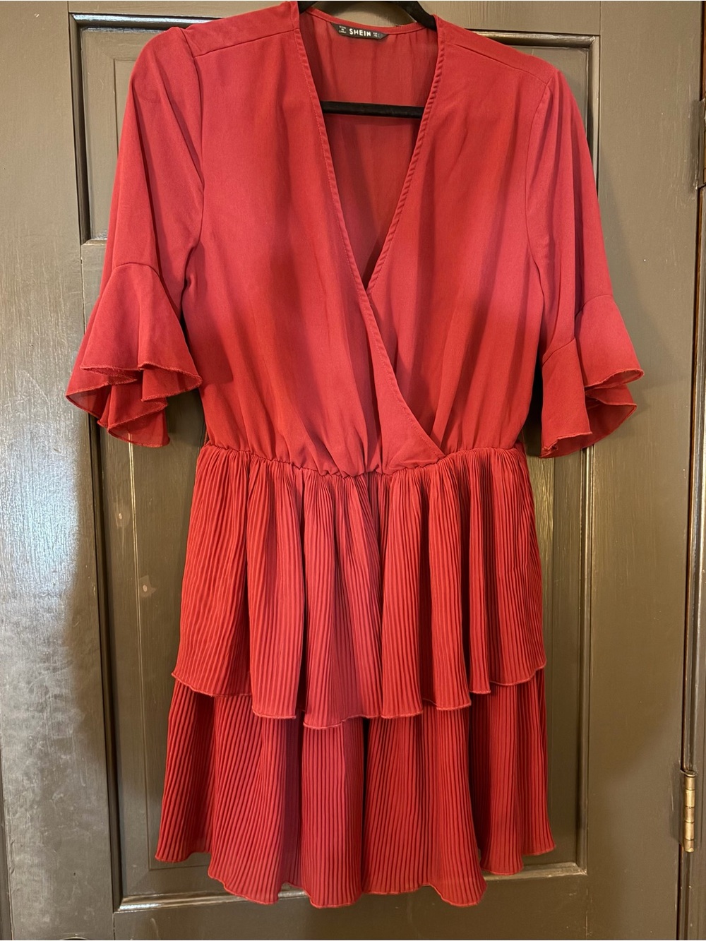 SHEIN Red Tiered Pleated Wrap Mini Dress